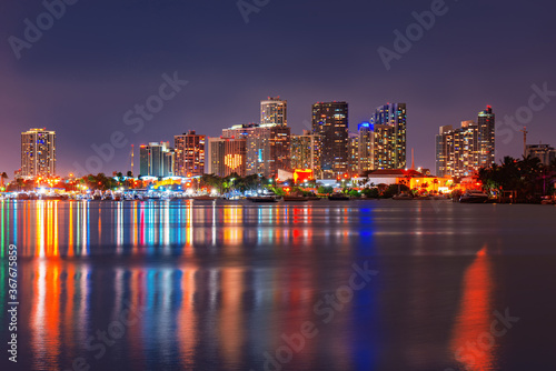 Miami skyscrapers at the night  south beach. Miami night downtown  city Florida.