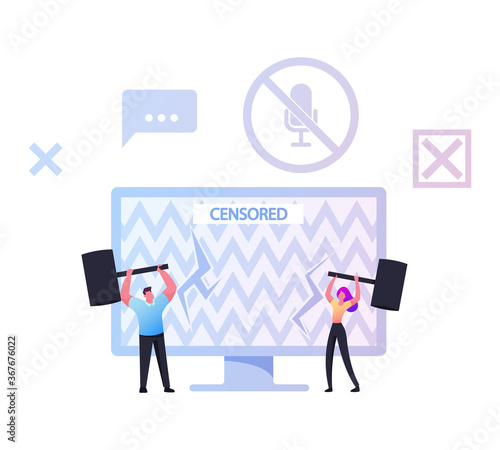 Tiny Male and Female Characters Hitting with Huge Hammers Tv or Computer Monitor with Censored Info on Screen. Speech Freedom