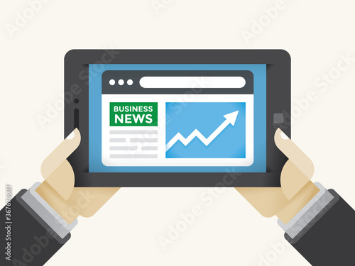 World financial business news information growth graph in businessman or trader holding hands on tablet computer. Concepts: Wall street, trading, success, finance career, economics, business magazines