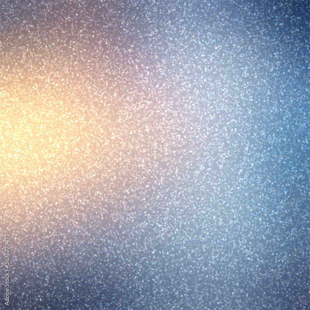 Warm yellow shine on cold blue shimmer background. Small bokeh texture. Winter holiday illustration.
