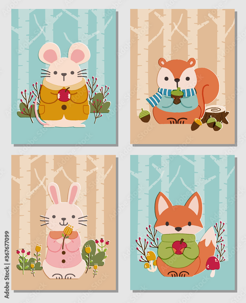 Set of cards with cute woodland animals - mouse, squirrel, rabbit, and fox. For greeting card, postcard, poster, wall decor, wallpaper, nursery, etc. Set of cards with cute woodland animals - mouse, squirrel, rabbit, and fox. For greeting card, postcard, poster, wall decor, wallpaper, nursery, etc.