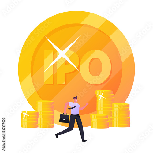 Initial Public Offering. Tiny Businessman Male Character, or Trader with Briefcase Passing ny Huge Golden IPO Coin