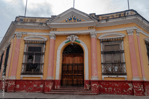 Quetzaltenango, Guatemala - June 2020, Front of the Normal Institute for Men of the West (INVO) during the Coronavirus COVID-19 Quarantine, which is uninhabited after the earthquake in Quetzaltenango photo