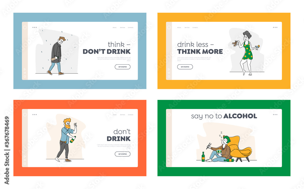 Alcohol Addiction Landing Page Template Set. Characters Pernicious Habits Addictions and Substance Abuse, Drunk People Alcohol Addiction Landing Page Template Set. Characters Pernicious Habits Addictions and Substance Abuse, Drunk People
