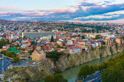 Panorama view of city Tbilisi  the capital in Georgia  at sunset.