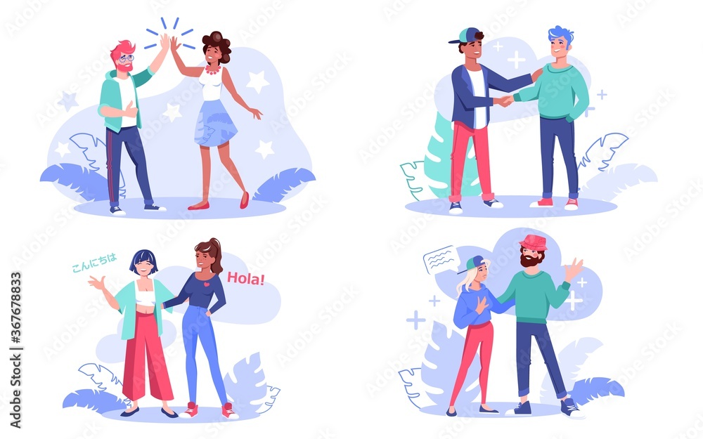 Multi-ethnic people communication concept set. Man woman friend different nationality giving high five, talking, handshaking, greeting, sharing news, having nice conversation. Friendship diversity