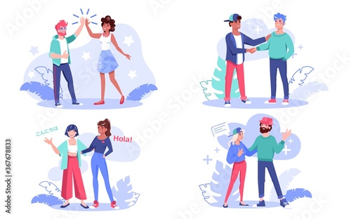 Multi-ethnic people communication concept set. Man woman friend different nationality giving high five  talking  handshaking  greeting  sharing news  having nice conversation. Friendship diversity