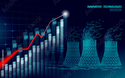 Growing graph nuclear power station cooling tower low poly. 3d render ecology pollution save planet environment concept triangle polygonal. Radioactive nuclear reactor electricity vector illustration