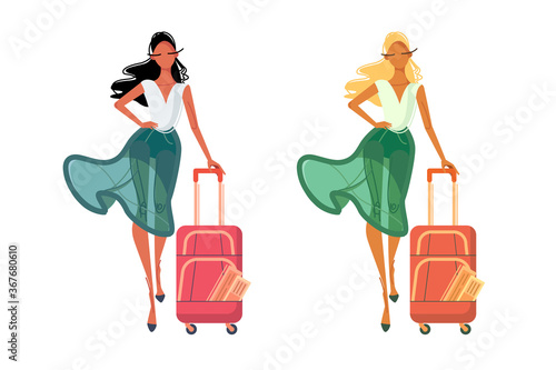 Women in summer clothes with travel bag.