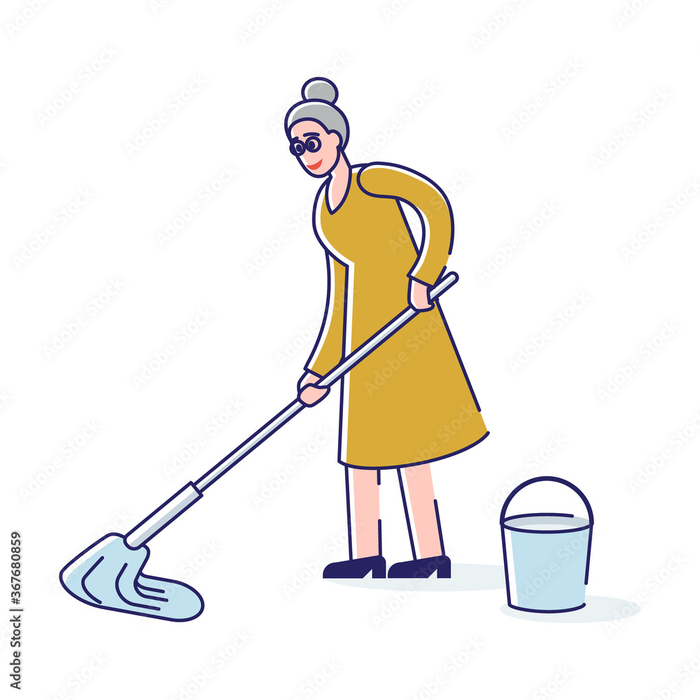 Old woman washing floor with mop and bucket. Household and home cleaning concept Old woman washing floor with mop and bucket. Household and home cleaning concept