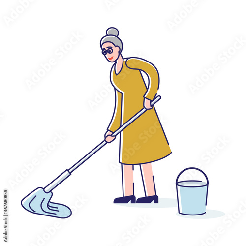 Old woman washing floor with mop and bucket. Household and home cleaning concept