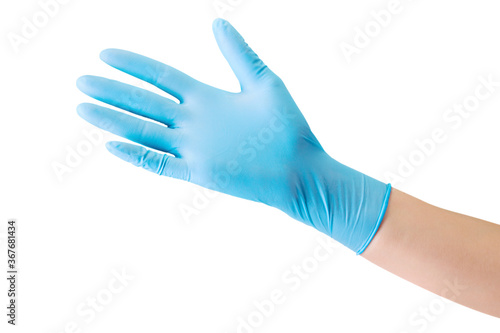 Doctor's hand in medical gloves showing palm isolated on white