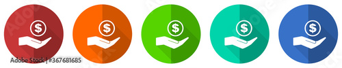 Money, cash icon set, red, blue, green and orange flat design web buttons isolated on white background, vector illustration
