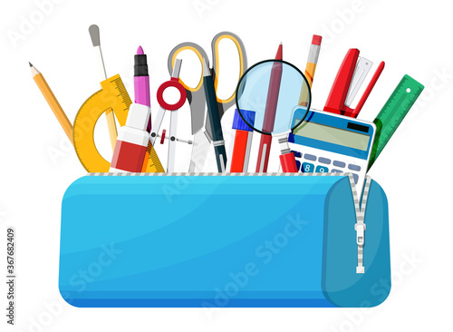 Open pencil case with zipper full of stationery items. Blue bag with supplies. Back to school concept. Pen, ruler, calculator, eraser, scissors, brush, stapler. Cartoon flat vector illustration