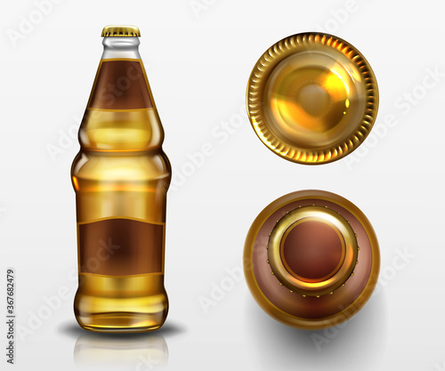 Beer bottle top and bottom view, alcohol drink in blank glass flask with closed metal cork and liquid isolated on white background, design elements for advertising. Realistic 3d vector mockup, icons