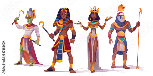 Ancient Egyptian god Amun, Osiris, Pharaoh and Cleopatra. Vector cartoon characters of Egypt mythology, king and queen, god with falcon head, Horus and Amon Ra