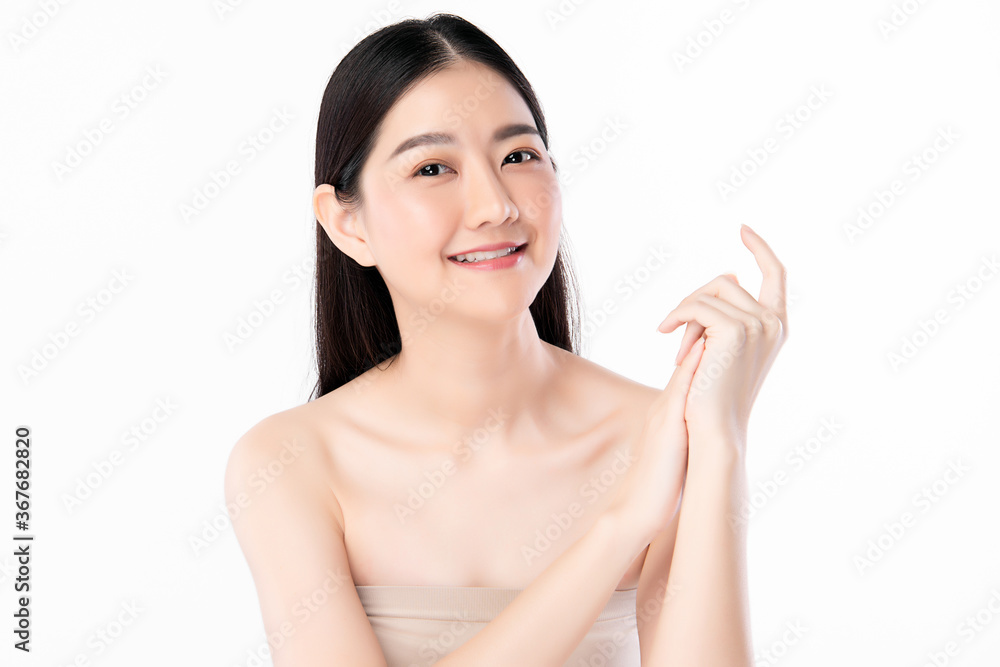Beautiful Young asian Woman with Clean Fresh Skin, on white background, Face care, Facial treatment, Cosmetology, beauty and spa, Asian women portrait Beautiful Young asian Woman with Clean Fresh Skin, on white background, Face care, Facial treatment, Cosmetology, beauty and spa, Asian women portrait