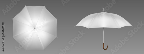 White umbrella front and top view. Vector realistic mockup of blank parasol with wooden handle, classic accessory for rain protection in spring, autumn or monsoon season