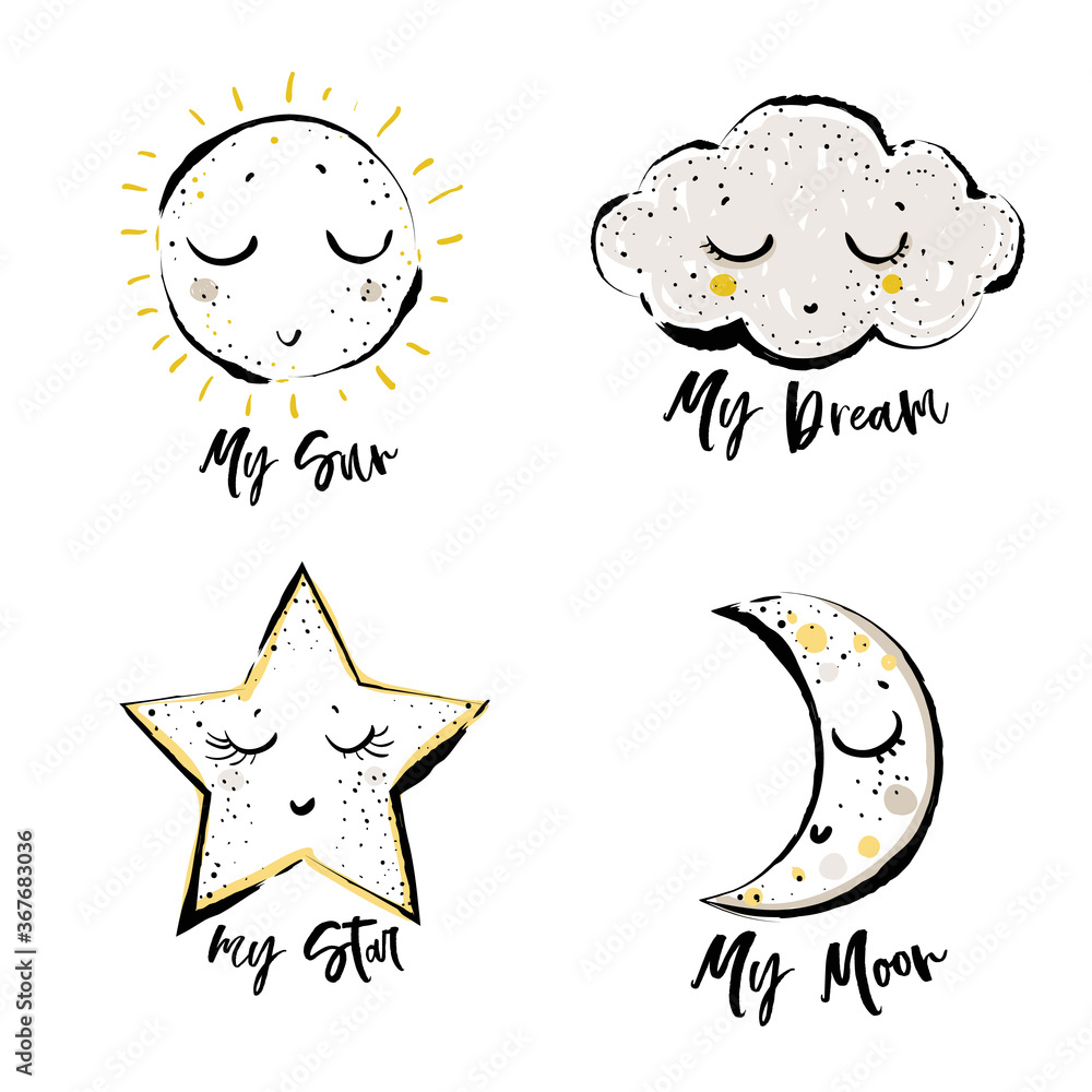 Set of cute baby print elements cloud cute star sun moon simple