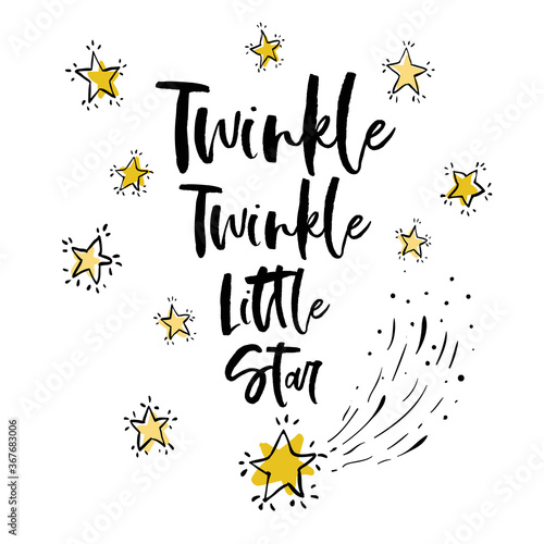 Twinkle twinkle little star text, falling little stars. Baby cute sky t-shirt design. Simple doodle hand drawn illustration in watercolor style. Black, yellow, gray graphic on white background.
