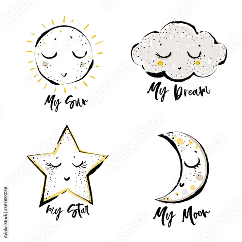 Set of cute baby print elements: cloud, cute star, sun, moon. Simple doodle hand drawn illustration in watercolor scandinavian style. Black, yellow, gray graphic on white background.