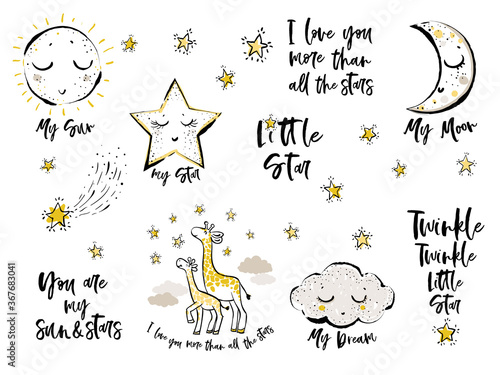 Set of cute baby sky elements for t-shirt print design: cloud, cute sun, moon, twinkle giraffe family, I love you more than all the stars, falling doodle little stars. White background.