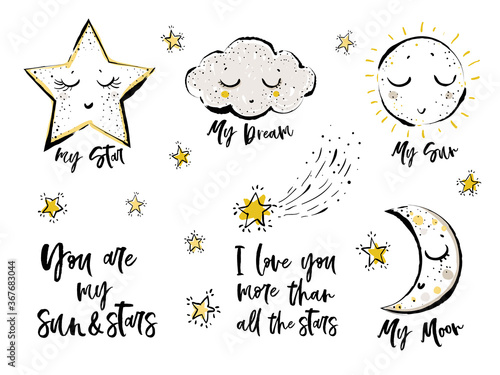 Baby cute print elements. Cloud, cute star, sun, moon, You are my sun and stars text, I love you more than all the stars text, falling star, little stars. Simple doodle illustration. White background.