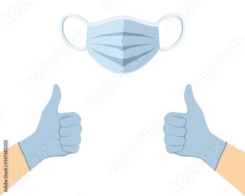 Face mask and disposable medical gloves with thumbs up. Vector illustration.