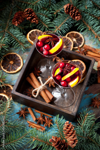 Christmas still life with glass of mulled wine
