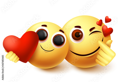 Emoji smiley love couple character vector design. Smiley emojis and emoticon in love facial expression for valentines day isolated in white background. Vector illustration.
