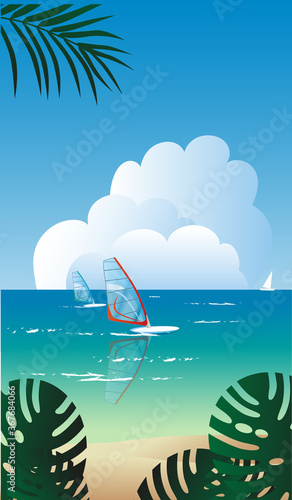 Summer sea landscape with windsurfers. Template for a vertical banner.