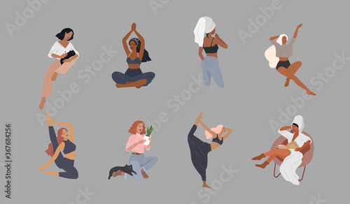Set of beautiful girl character in daily life scenes. Young woman shopping, makes up, sleeping, relaxes, takes a bath, chooses clothes, drinking coffee. Flat cartoon vector