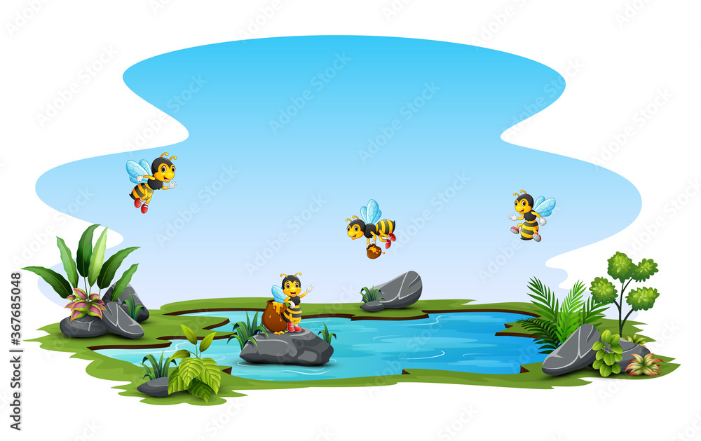 Obraz premium Group of bee flying over a small pool
