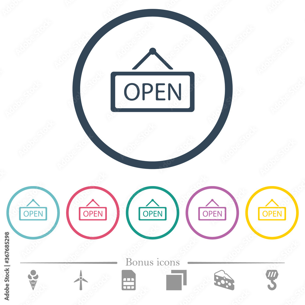 Hanging open sign flat color icons in round outlines Hanging open sign flat color icons in round outlines