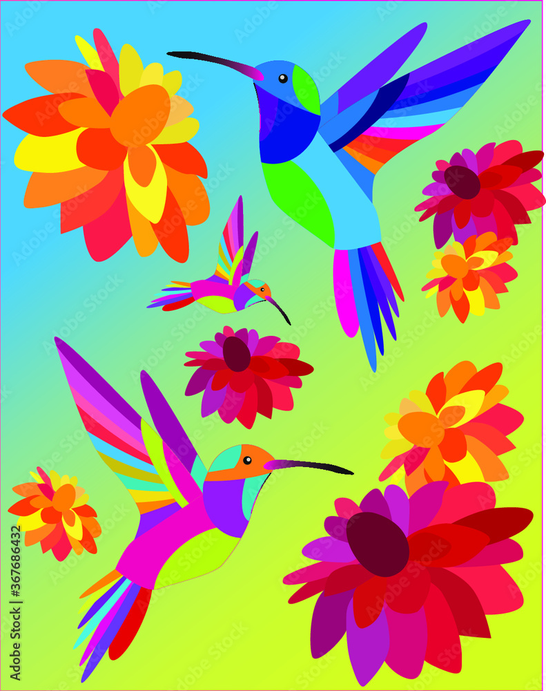 Vector illustration of beautiful colorful small birds and flowers. Fashion summer pattern