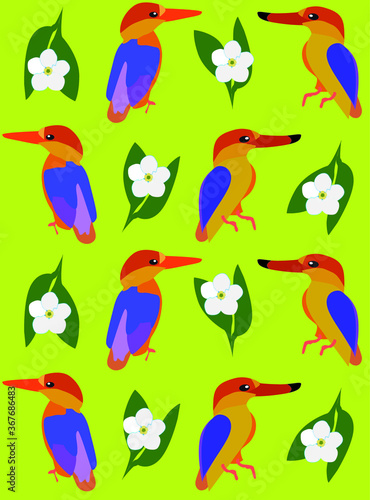 Vector illustration of birds and flowers. Seamless pattern