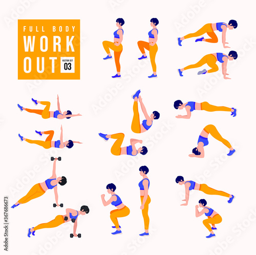 Full Body Workout Set. Women doing fitness and yoga exercises. Lunges, Pushups, Squats, Dumbbell rows, Burpees, Side planks, Situps, Glute bridge, Leg Raise, Russian Twist, Side Crunch .etc