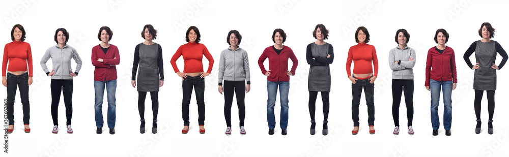 long group of photos of the same woman in different outfits and also pregnant on white background long group of photos of the same woman in different outfits and also pregnant on white background