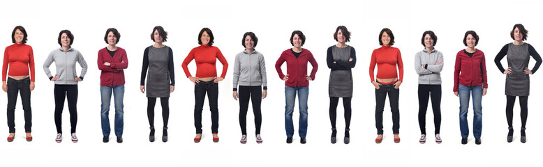 long group of photos of the same woman in different outfits and also pregnant on white background