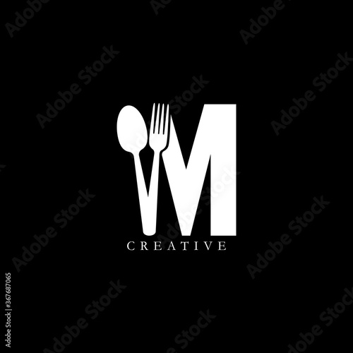 Combination fork and spoon flat M letter logo design