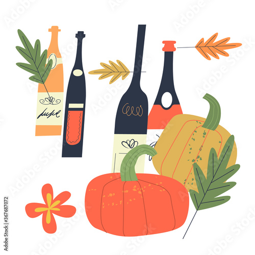 Vector illustration with bottles of young wine, bright orange pumpkins and autumn leaves.