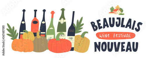 Autumn festival of young wine in France Beaujolais Nouveau. Vector illustration on a white background.