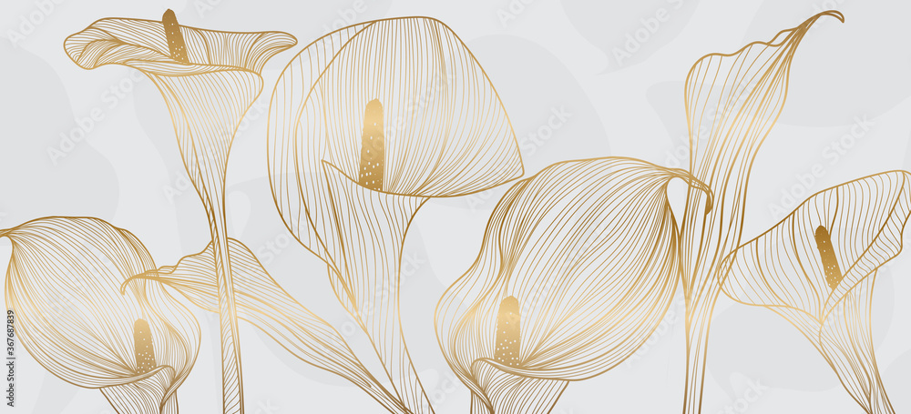 Golden calla lily pattern vector, Wedding wallpaper background for warapping paper design, brochure, backdrop, packaging and print vector illustration. - obrazy, fototapety, plakaty 