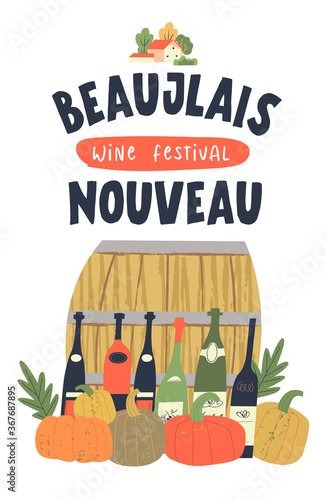 Autumn festival of young wine in France Beaujolais Nouveau. Vector illustration on a white background.