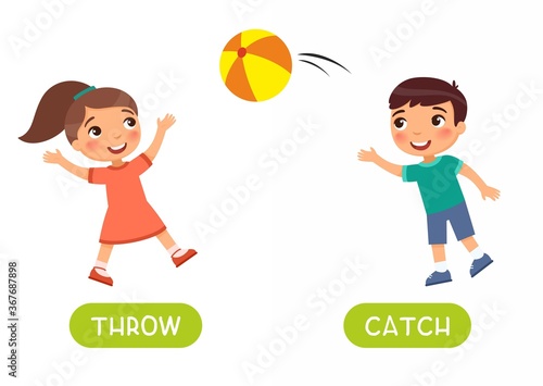 Antonyms concept, THROW and CATCH. Educational flash card with children playing ball template. Cute boy and girl have fun. Word card for english language learning with opposites. 