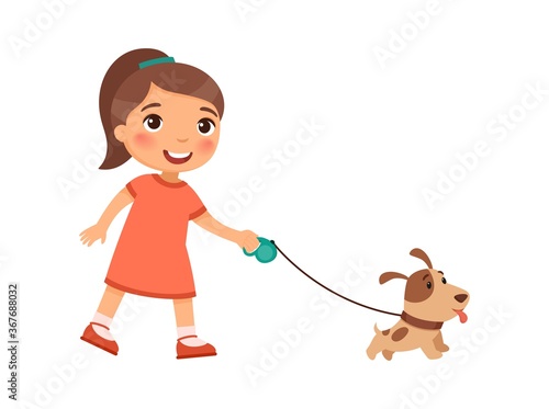 Joyful little girl is walking on a leash of a cute puppy. The concept of friendship with pets. Cartoon characters isolated on white background. Flat vector color illustration.