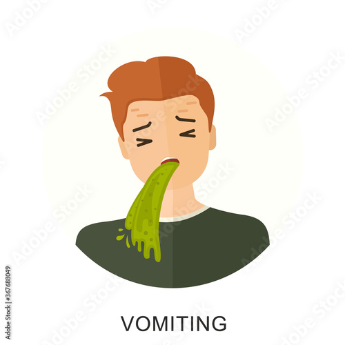 Vomiting man, nausea icon. Symptom of disease, problem with health. Sickness and illness. Isolated flat vector illustration. Nausea, food poisoning, alcohol poisoning concept.