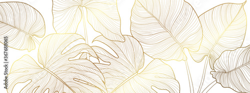 Luksusowe złoto i natura zielone tło wektor. Kwiatowy wzór, Golden split-leaf Philodendron plant with monstera plant line arts, ilustracji wektorowych.