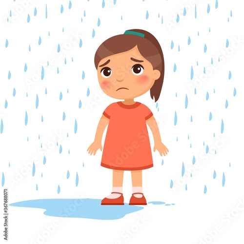 Unhappy girl under rain flat vector illustration. Sad preteen child in bad rainy weather. Caucasian kid with dark hair getting wet under downpour. Isolated cartoon character on white background