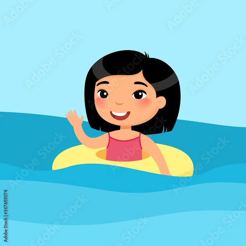 Girl swimming with inflatable ring flat vector illustration. Beautiful asian child having fun in water, waving hand. Cheerful kid in swimsuit enjoying summer activities color cartoon character